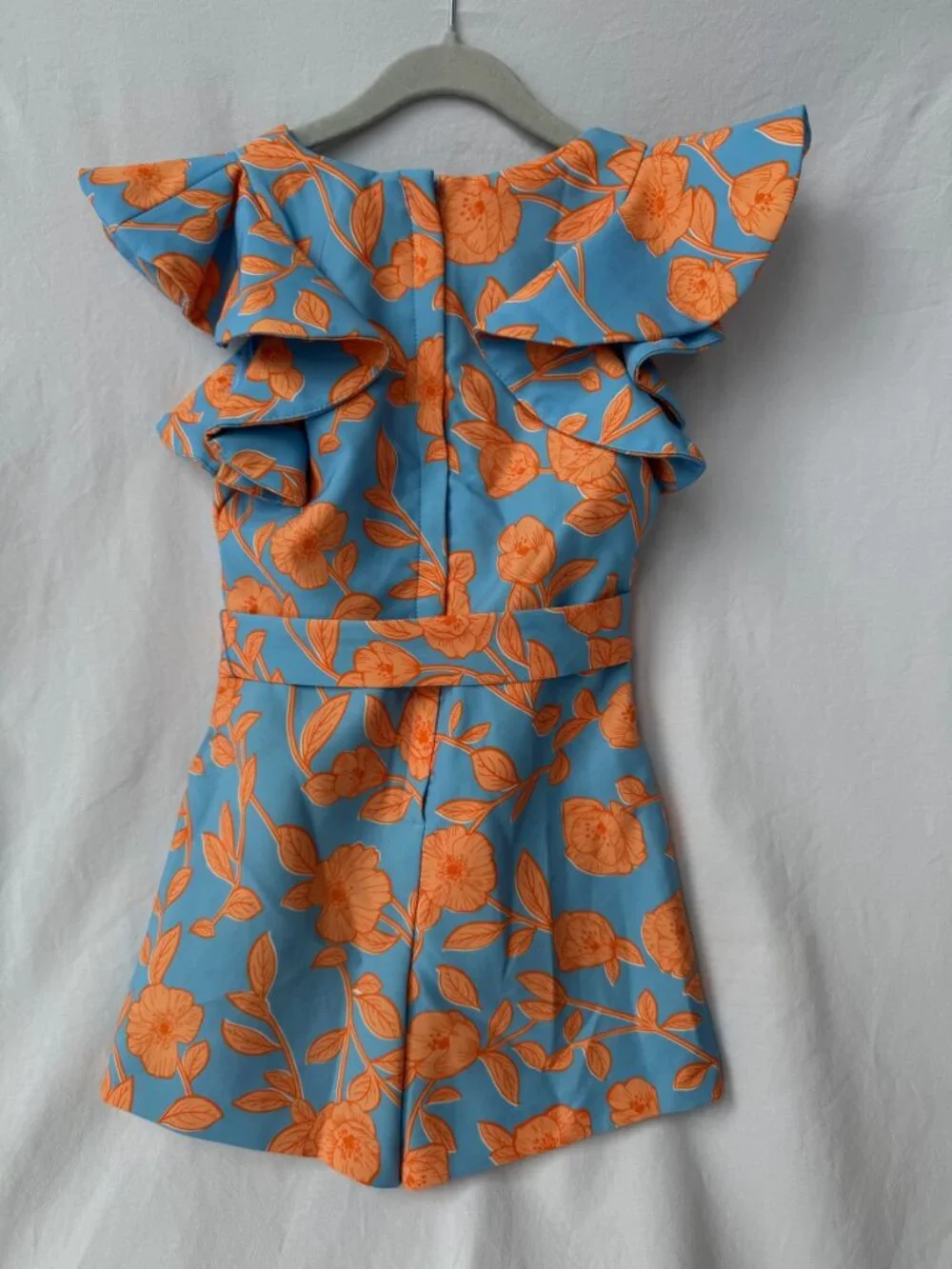 GB Girls Blue Orange Floral Ruffle Sleeve Belted Romper Size 5